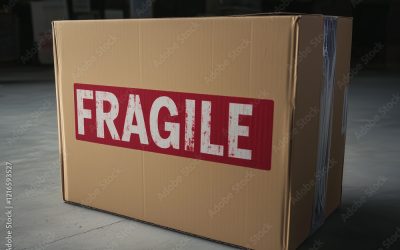 Cardboard box marked fragile on delivery dock with red lettering indicating careful handling and storage procedures