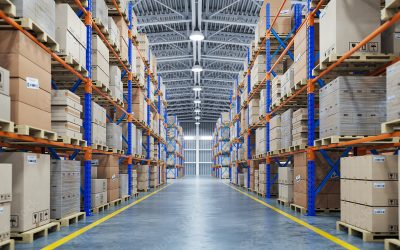 Warehouse or storage and shelves with cardboard boxes. Industrial background.