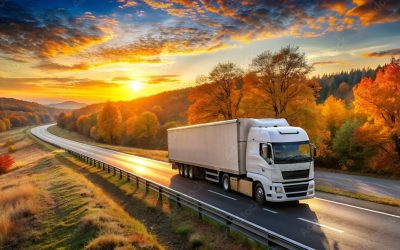 White truck driving through autumn landscape at sunset